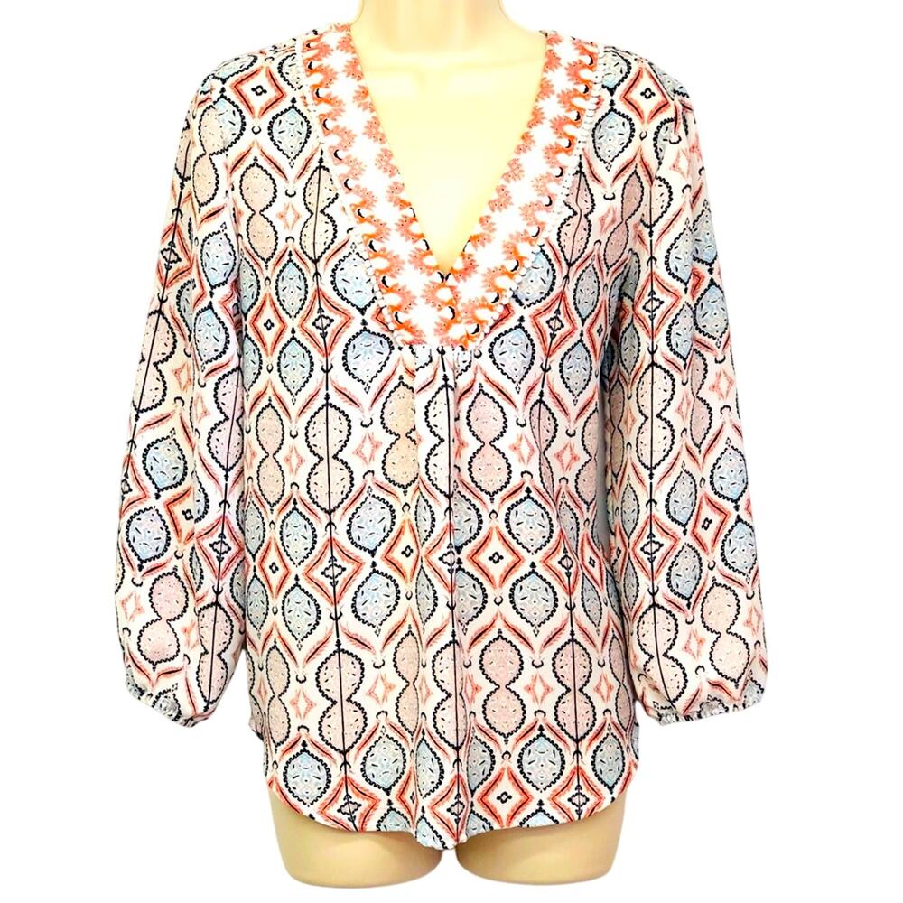 Ivanka Trump Cream Coral Turquoise Medallion Print Popover Top Stylish Loose Fit